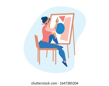 Young Talented Woman Artist Holding Pencil in Hand Drawing Geometric Figures on Canvas Isolated on White Background. Lifestyle Activity, Painting Hobby Creativity Cartoon Flat Vector Illustration