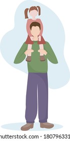 a young tall man walking with his daughter. A happy child sits on his father's shoulders. The concept of love and family values. Vector flat design.