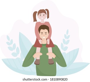 a young tall man walking with his daughter. A happy child sits on his father's shoulders. The concept of love and family values. Vector flat design.