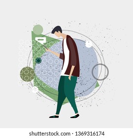Young tall man walking with mobile phone