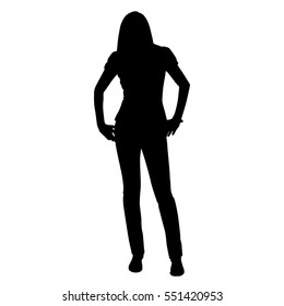 Young Tall Sexy Woman Standing And She Has Hands On Her Hips. Vector Silhouette. Front View