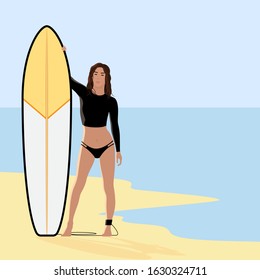 A young tanned girl with long flowing hair in a swimsuit for surfing stands barefoot with a surf on the sand on the ocean shore. Stock vector flat illustration with empty space for Your slogan.