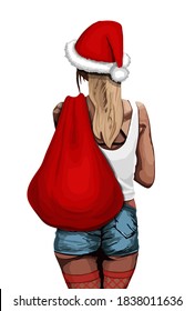 A young, tanned girl in a Santa hat with a red bag of gifts. The girl wishes everyone a happy new year and Christmas. White background. Stock vector.