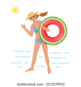 Young tanned girl is standing on the seashore with an inflatable swimming ring in the shape of a watermelon. Woman in sunglasses and hat smiles and waves her hand. Vector illustration in flat style.