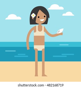 Young tanned girl is wearing swimming suit and flower in her hair // flat editable vector illustration