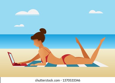 A young tanned woman in a red bikini swimsuit with a laptop lies on a towel near the seashore. The girl relaxes on the beach with a gadget in her hands. Flat style, vector illustration
