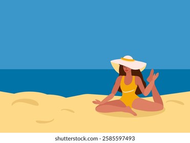 Young tanned woman in swimsuit and hat doing yoga on beach, sport activities and meditation by the sea in summer - vector color flat illustration for banners, postcards, posters, flyers