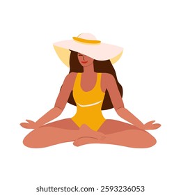 Young tanned woman in swimsuit and hat meditating, yoga class - vector color flat illustration for banners, postcards, posters, flyers
