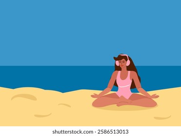 Young tanned woman in swimsuit with headphones listening to music and meditating on beach, yoga class by the sea in summer - vector color flat illustration for banners, cards, posters, flyers