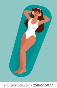 Young tanned woman in swimsuit listening to music in pool, lying on air mattress with headphones - vector color flat illustration for banners, postcards, posters, flyers