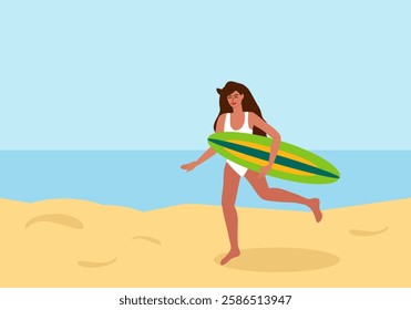 Young tanned woman in swimsuit running on beach with surfboard, extreme sport on sea, ocean in summer - vector color flat illustration for banners, postcards, posters, flyers