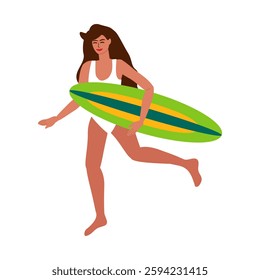 Young tanned woman in swimsuit running with surfboard, extreme sport - vector color flat illustration for banners, postcards, posters, flyers