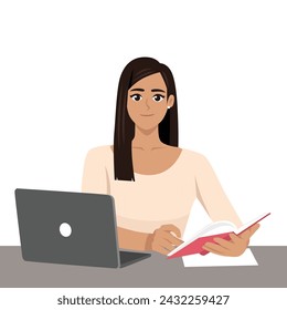 Trabajadora bronceada joven sentada mientras mira la pantalla de la computadora portátil en el escritorio de trabajo y sostiene un libro. Ilustración vectorial plana aislada sobre fondo blanco