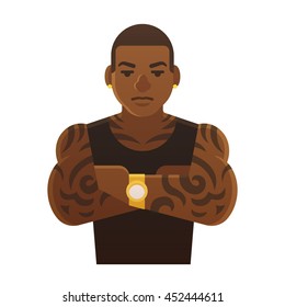 Young tattoed black man with arms crossed. Athlete, hip hop singer or gang member. Flat cartoon style vector illustration.