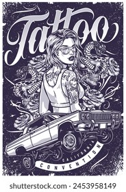 Young tattoo woman poster monochrome car for racing or lowriding festival and chick girl near snakes and skulls vector illustration