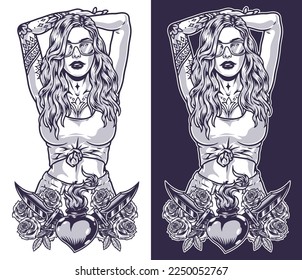 Young tattooed girl monochrome emblem daggers and heart with dangerous woman posing with hands behind head criminal style vector illustration