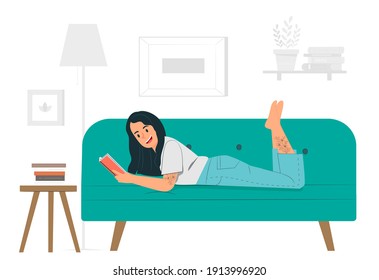 Young tattooed girl reading a book in sofa, illustration concept.