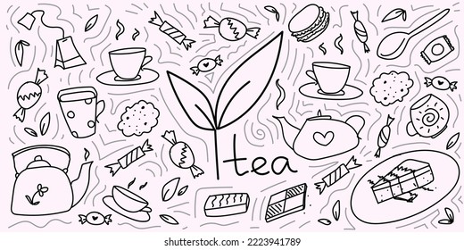 A young tea leaf with the inscription tea, mugs, teapots, sweets, cookies, sweets for tea, vector clipart with doodles.