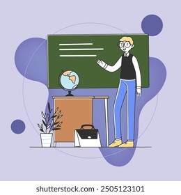 Young teacher at blackboard in college classroom flat vector illustration. Male teacher in eyeglasses explaining theme. Education concept