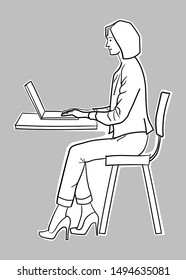 Young teacher browsing the internet through laptop inside the classroom, Vector outline illustration