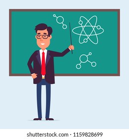 Young teacher character standing near the blackboard with the pointer. Phisics or chemistry class. Flat design. Back to school idea. 