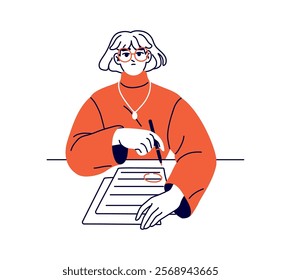 Young teacher checks tests, homework, gives grades. Student studies, learning at the desk. Girl in glasses writing, takes notes on paper. Flat isolated contour vector illustration on white background