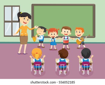 Young teacher with children playing music in classroom