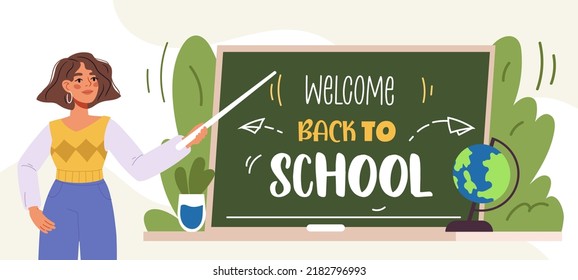 Joven profesora en el aula con un puntero en el pizarrón en el aula. Bienvenido de vuelta a la escuela. Concepto de escuela y aprendizaje. Feliz Día del Maestro. Ilustración vectorial plana