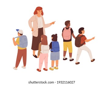 Young teacher with diverse children. Female educator with school students isolated on white background. Adult woman, schoolgirls and schoolboys. Colored flat cartoon vector illustration