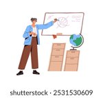 Young teacher drawing globe on whiteboard on geography lesson at school. Woman teaching kids in classroom. Professor explains class at the blackboard. Flat isolated vector illustration on white