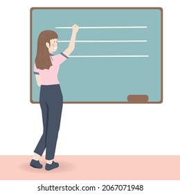 young teacher explaining with blackboard in a classroom illustration