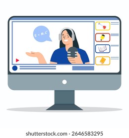 A young teacher explaining energy and mass equivalence formula on video lessons. Online education concept.