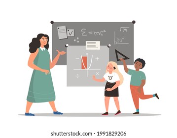 Young teacher explaining to Kids new math formula at chalkboard in School classroom.Children studying in class room.Colored flat vector illustration of pedagogue and pupil isolated on white background