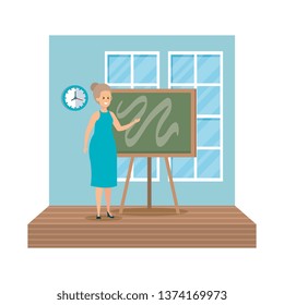 young teacher female with chalkboard classroom scene