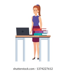 young teacher female in desk with laptop and books