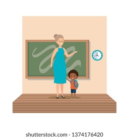 young teacher female with schoolboy classroom scene