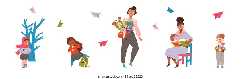 Young Teacher with First Graders Going to School Vector Illustration Set