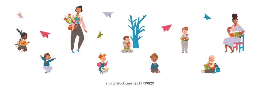 Young Teacher with First Graders Going to School Vector Illustration Set