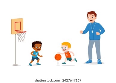 young teacher give lesson to children basketball team