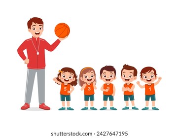 young teacher give lesson to children basketball team