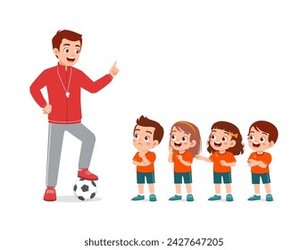 young teacher give lesson to children soccer team