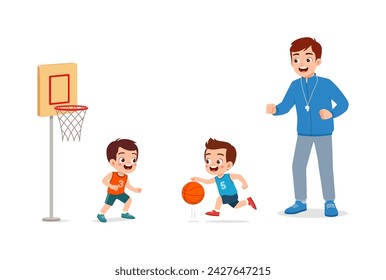 young teacher give lesson to children basketball team