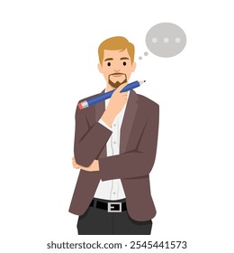 Young teacher holding a big pencil on his chin and thinking. Flat vector illustration isolated on white background