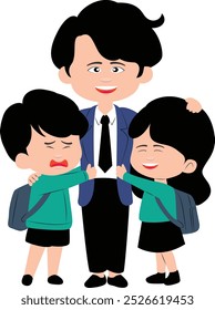 Young teacher Hugging his Cute Students