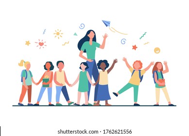 Young teacher with joyful kids isolated flat vector illustration. Cartoon happy children in kindergarten or school. Pedagogy and education concept