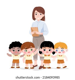 Young teacher with joyful kids isolated cartoon happy children in kindergarten or school
