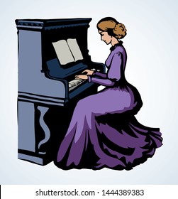 Young teacher learn compose outline on old white forte. Bright purple drawn skill arm press chord tone octave concept leisure theater show culture in ancient cartoon history style on paper text space