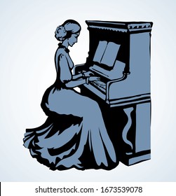 Young teacher learn compose outline on old white forte. Line black ink drawn skill arm press chord tone octave concept leisure theater show culture in ancient cartoon history style on paper text space