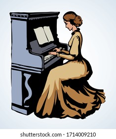Young teacher learn compose outline on old white forte. Line black ink drawn skill arm press chord tone octave concept leisure theater show culture in ancient cartoon history style on paper text space