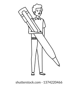 young teacher male with big pen character